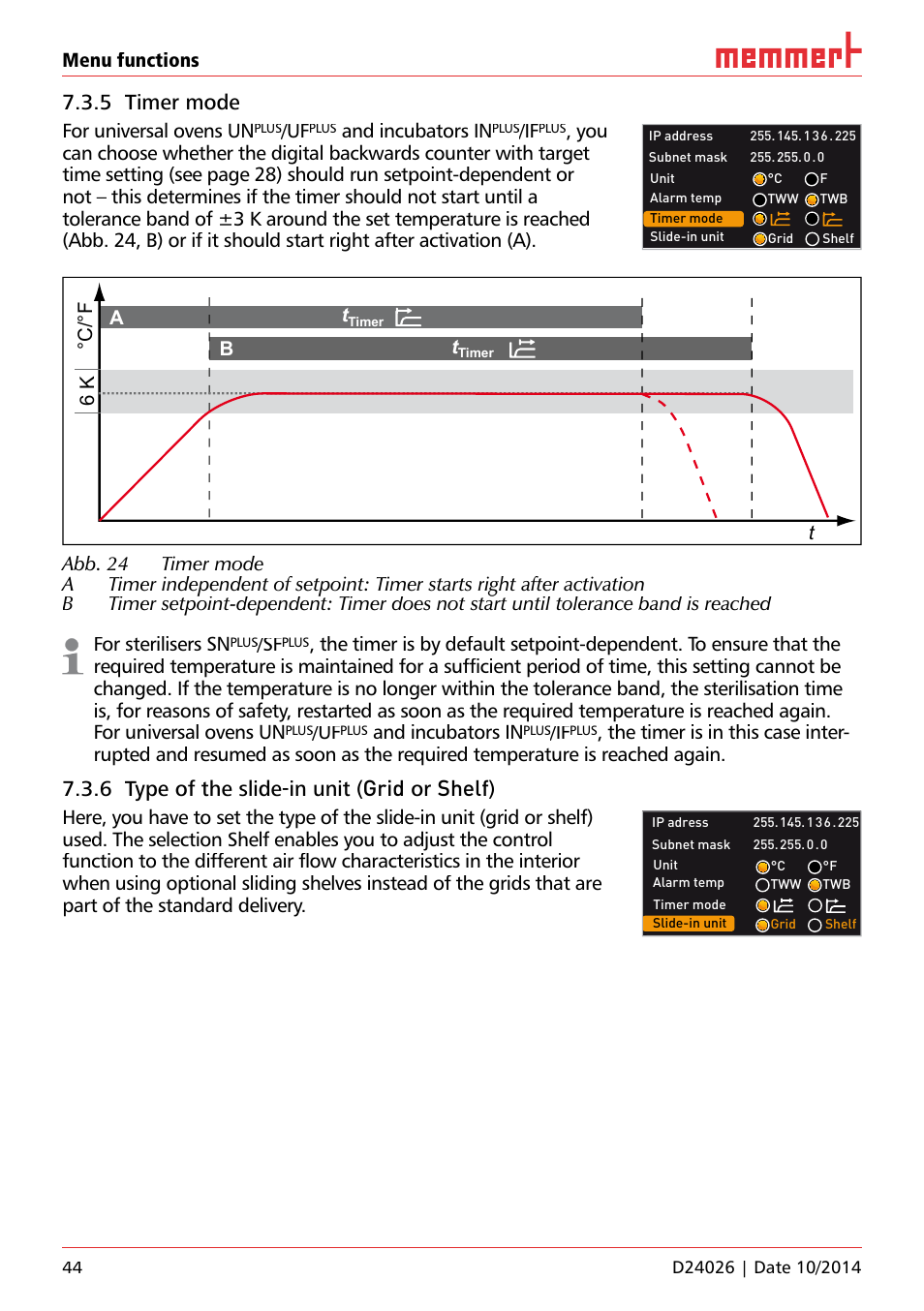 5 timer mode, 6 type of the slide-in unit (grid or shelf), Menu functions | For universal ovens un, And incubators in | Memmert Universal ovens U plus, Incubators I plus, Sterilisers S plus User Manual | Page 44 / 60
