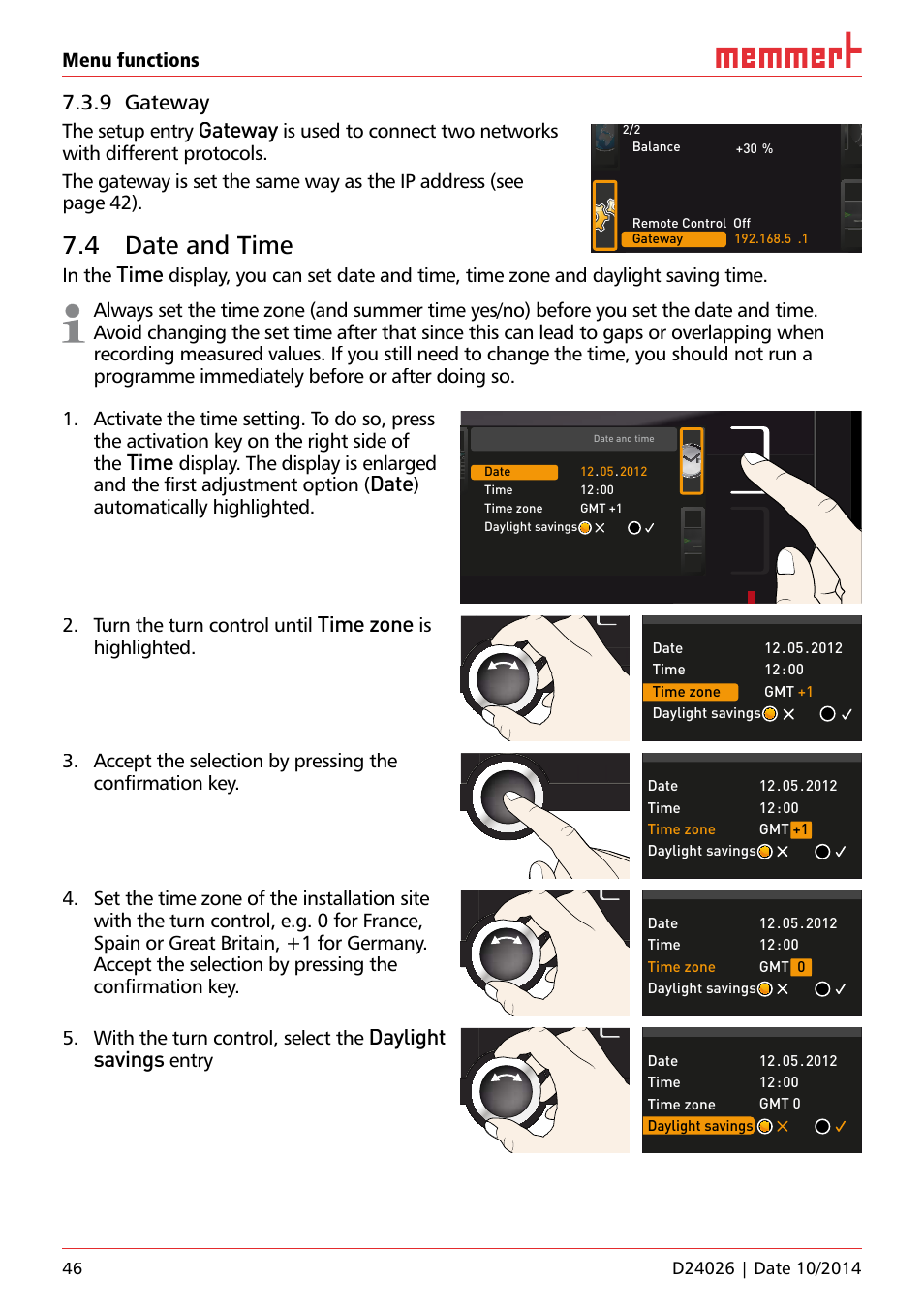 4 date and time, Ufp 100, 9 gateway | Gateway, Time, Date, Time zone, Daylight savings, Menu functions, The setup entry | Memmert Universal ovens U plus, Incubators I plus, Sterilisers S plus User Manual | Page 46 / 60