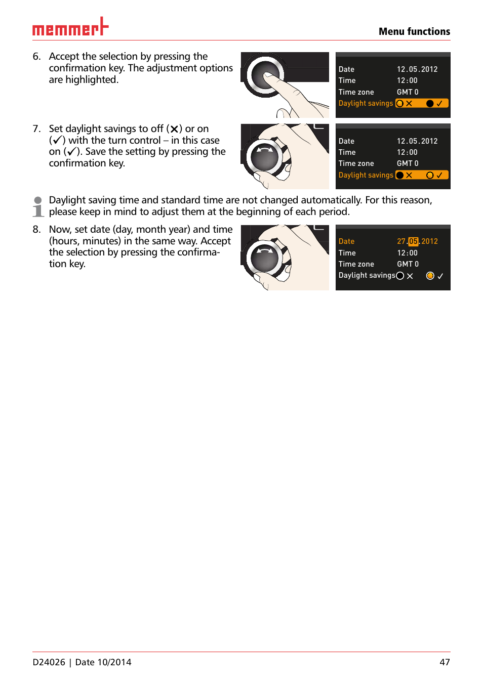 Set daylight savings to off () or on, With the turn control – in this case on, Save the setting by pressing the confirmation key | Uf 110 | Memmert Universal ovens U plus, Incubators I plus, Sterilisers S plus User Manual | Page 47 / 60