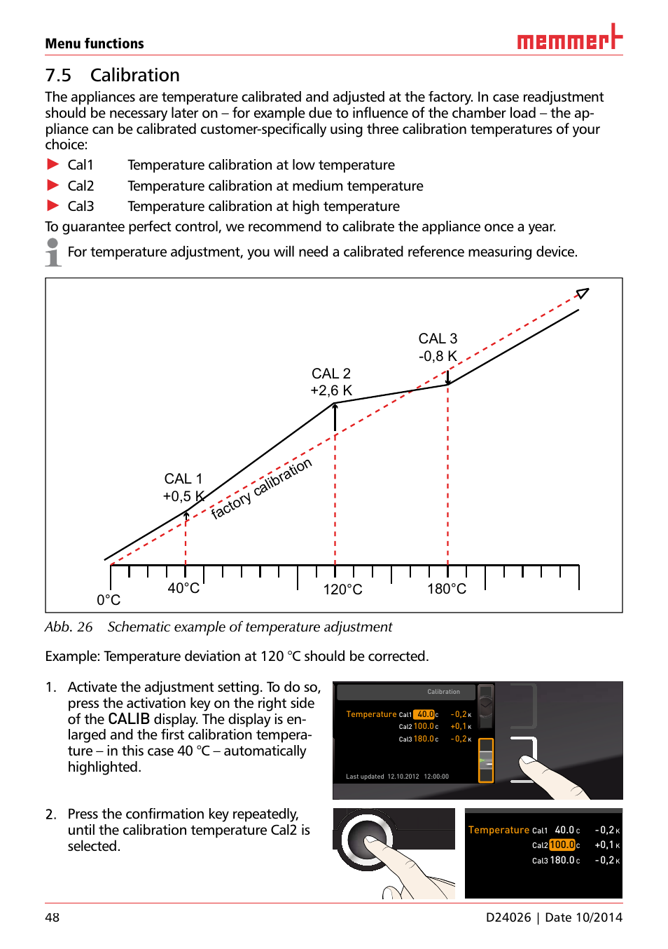 5 calibration, Ufp 100, Calib | Menu functions, Cal1 temperature calibration at low temperature, Cal2 temperature calibration at medium temperature | Memmert Universal ovens U plus, Incubators I plus, Sterilisers S plus User Manual | Page 48 / 60