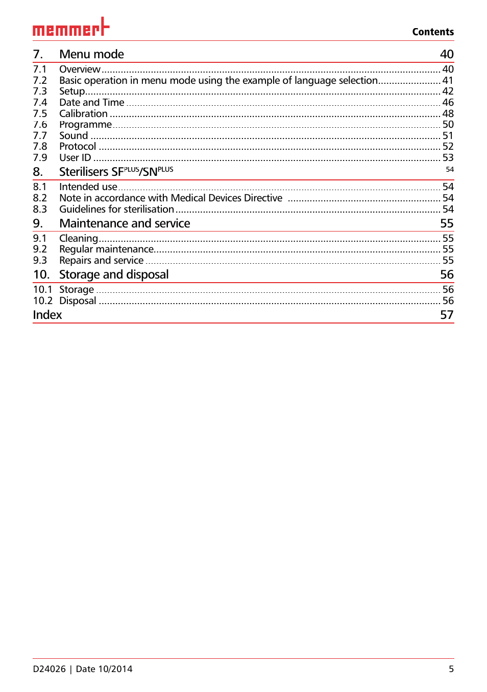 Menu mode 40, Sterilisers sf, Maintenance and service 55 | Storage and disposal 56, Index 57 | Memmert Universal ovens U plus, Incubators I plus, Sterilisers S plus User Manual | Page 5 / 60
