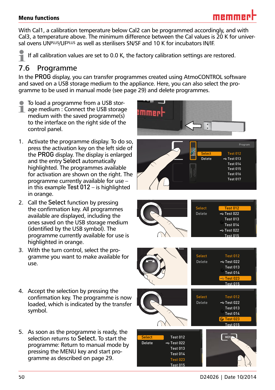 6 programme, Ufp 100, Prog | Select, Test 012, Display. the display is enlarged and the entry, And the entry, Is highlighted in orange, Call the, Uf 110 | Memmert Universal ovens U plus, Incubators I plus, Sterilisers S plus User Manual | Page 50 / 60