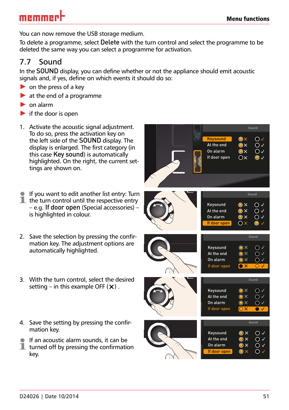 7 sound, Delete, Sound | Key sound, If door open, On the press of a key, At the end of a programme, On alarm, Special accessories) – is highlighted in colour, Keysound | Memmert Universal ovens U plus, Incubators I plus, Sterilisers S plus User Manual | Page 51 / 60
