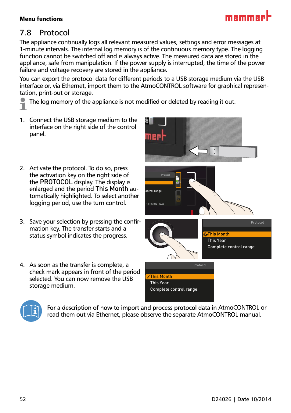 8 protocol, Protocol, This month | Menu functions, Display. the display is enlarged and the period | Memmert Universal ovens U plus, Incubators I plus, Sterilisers S plus User Manual | Page 52 / 60