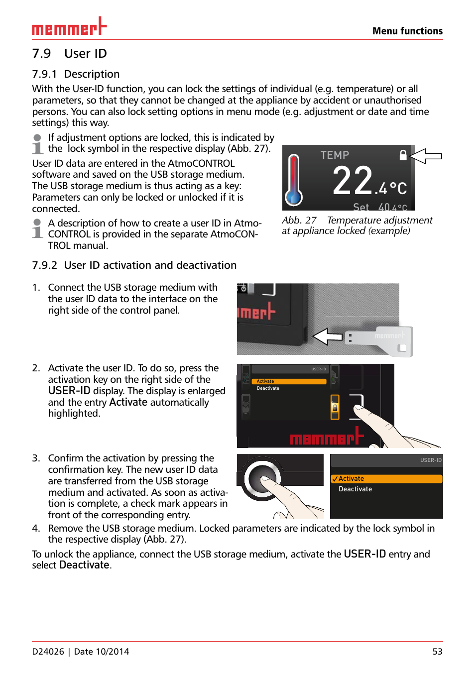 9 user id, 1 description, 2 user id activation and deactivation | User-id, Activate, Deactivate, Temp set, Menu functions, Display. the display is enlarged and the entry, Automatically highlighted. ufp 100 | Memmert Universal ovens U plus, Incubators I plus, Sterilisers S plus User Manual | Page 53 / 60