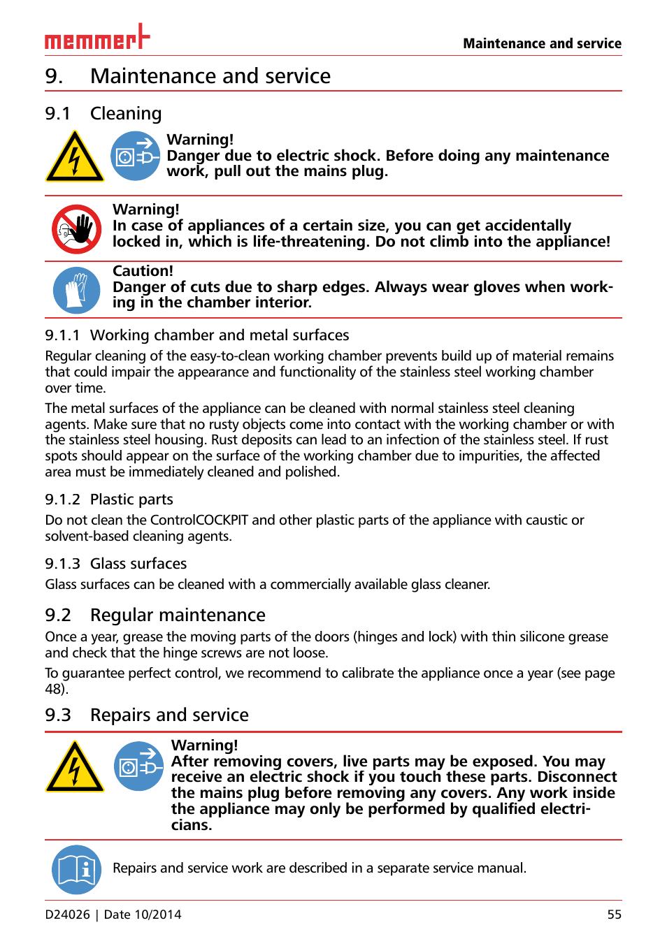 Maintenance and service, 1 cleaning, 2 regular maintenance | 3 repairs and service | Memmert Universal ovens U plus, Incubators I plus, Sterilisers S plus User Manual | Page 55 / 60