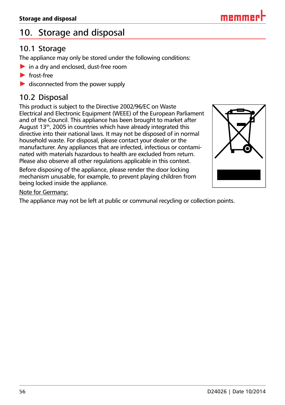 Storage and disposal, 1 storage, 2 disposal | Memmert Universal ovens U plus, Incubators I plus, Sterilisers S plus User Manual | Page 56 / 60