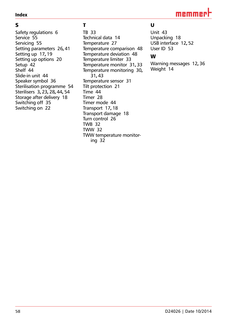 Memmert Universal ovens U plus, Incubators I plus, Sterilisers S plus User Manual | Page 58 / 60