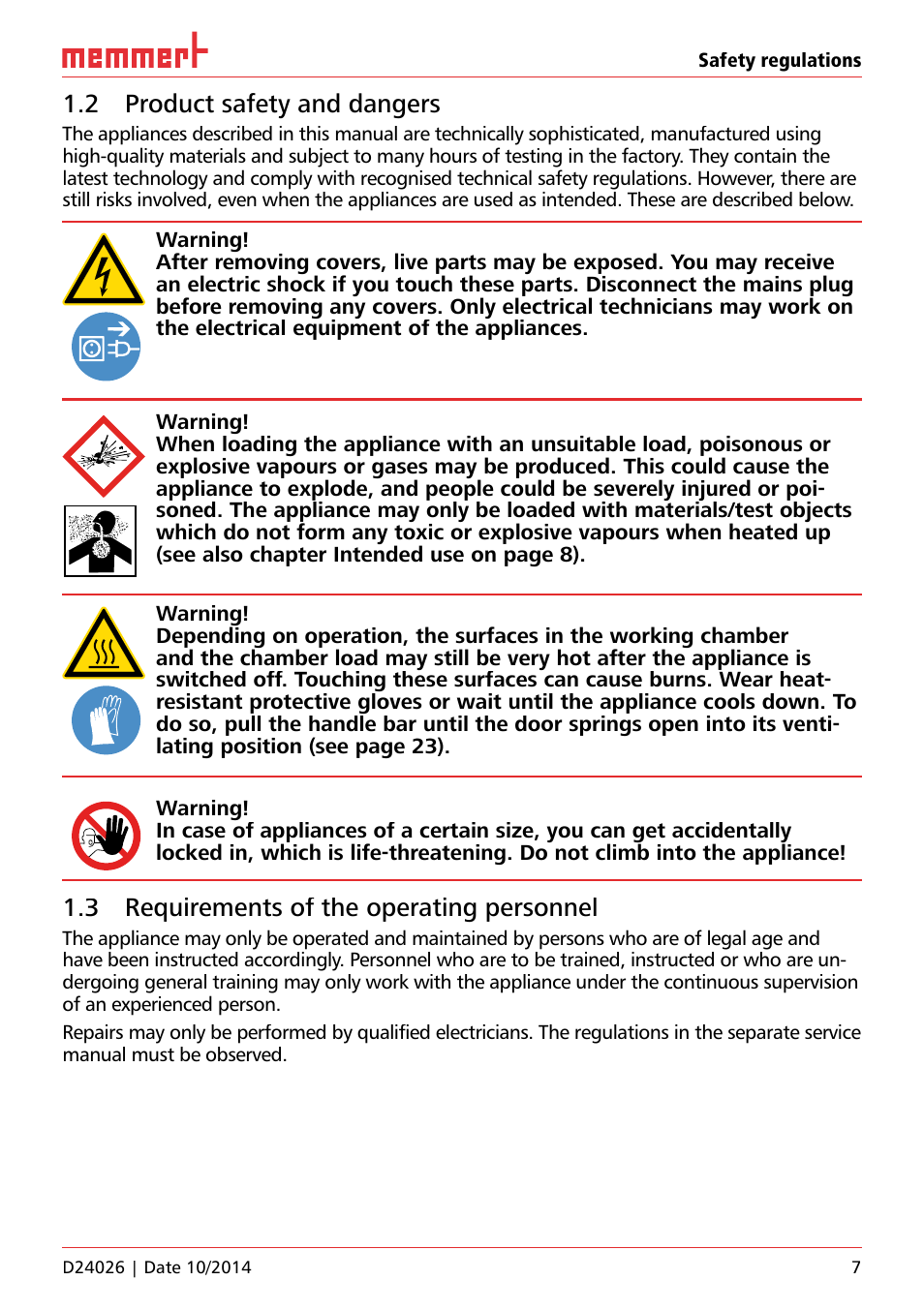 2 product safety and dangers, 3 requirements of the operating personnel | Memmert Universal ovens U plus, Incubators I plus, Sterilisers S plus User Manual | Page 7 / 60