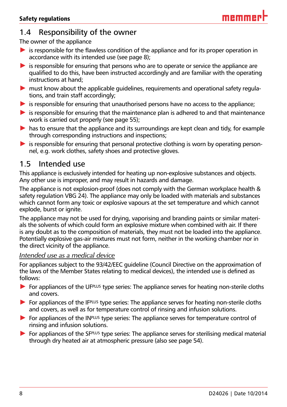 4 responsibility of the owner, 5 intended use | Memmert Universal ovens U plus, Incubators I plus, Sterilisers S plus User Manual | Page 8 / 60