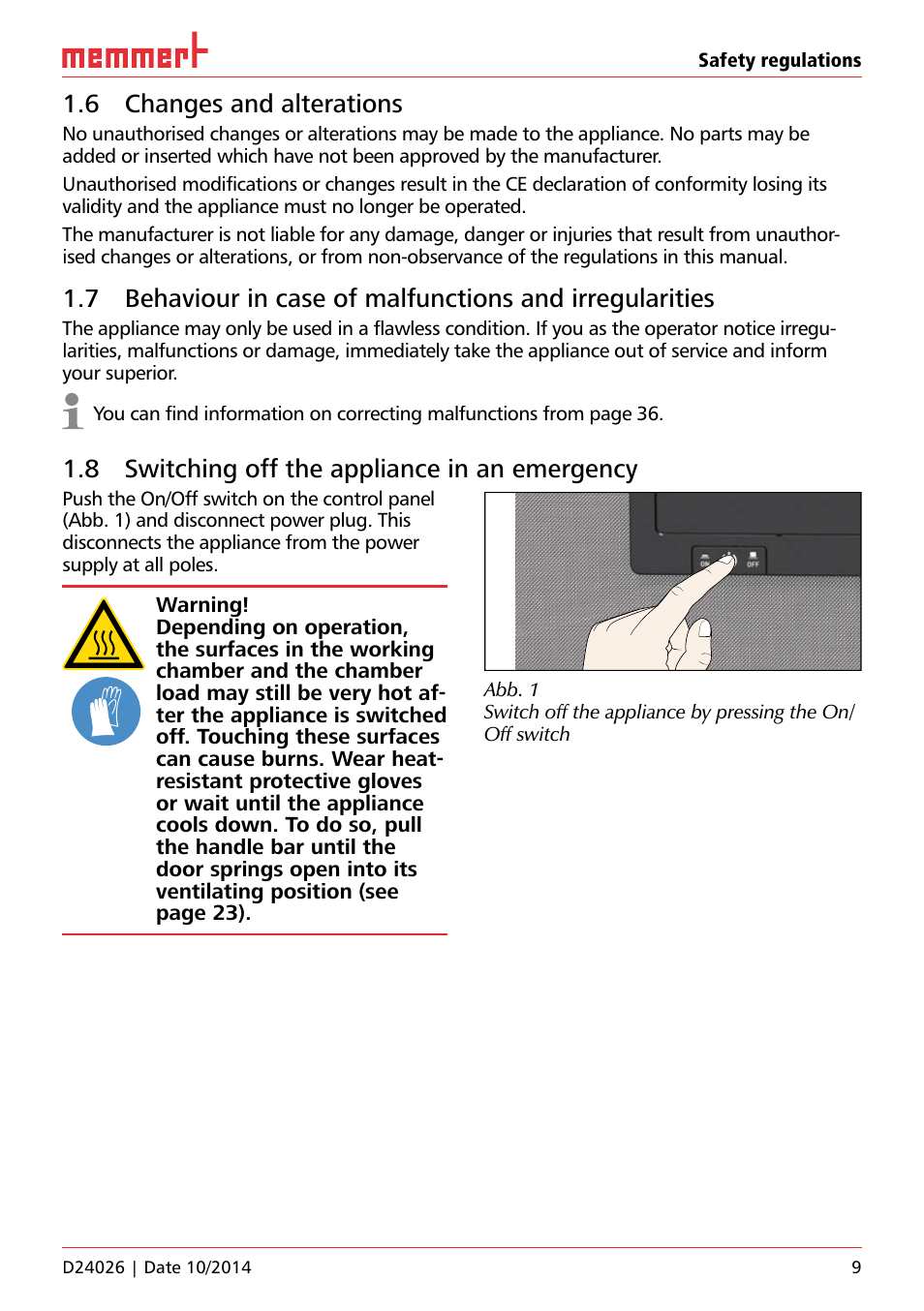6 changes and alterations, 8 switching off the appliance in an emergency, Safety regulations | Uf 110 | Memmert Universal ovens U plus, Incubators I plus, Sterilisers S plus User Manual | Page 9 / 60