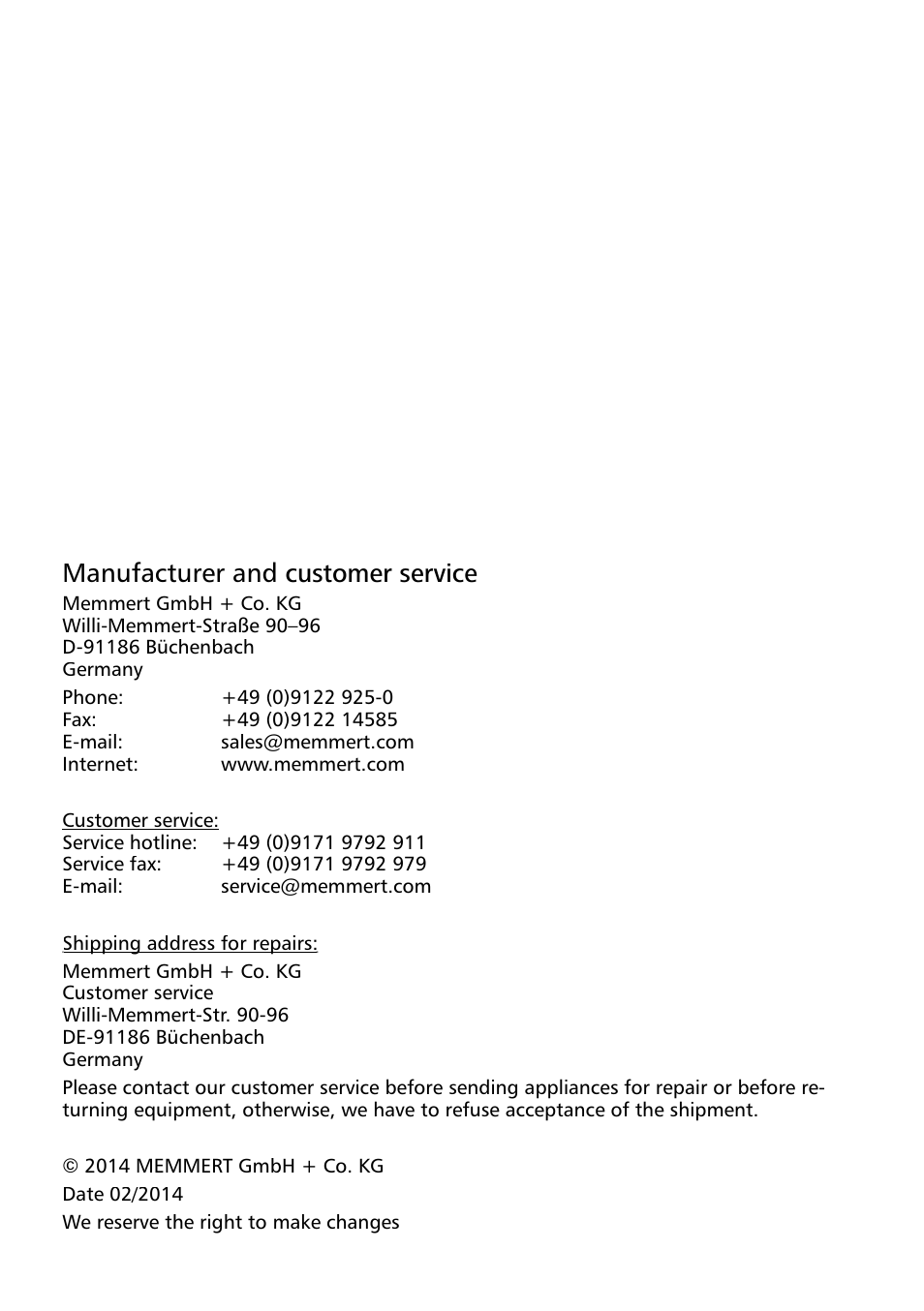 Manufacturer and customer service | Memmert Additional Accessories User Manual | Page 2 / 12