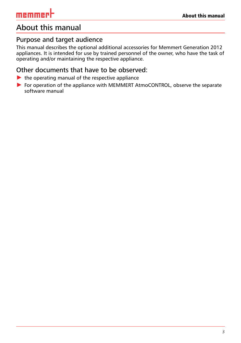 About this manual, Purpose and target audience, Other documents that have to be observed | Memmert Additional Accessories User Manual | Page 3 / 12