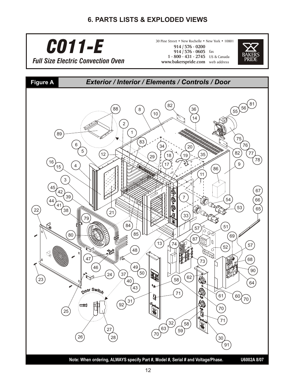 Co11-e, Full size electric convection oven, Exterior / interior / elements / controls / door | Parts lists & exploded views, Bakers pride figure a | Bakers Pride COC-E User Manual | Page 12 / 20