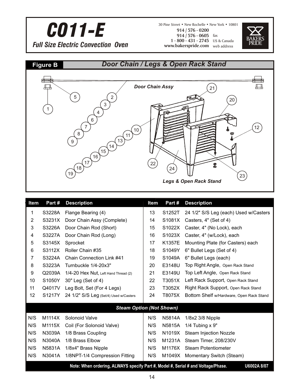 Co11-e, Full size electric convection oven, Door chain / legs & open rack stand | Bakers Pride COC-E User Manual | Page 14 / 20