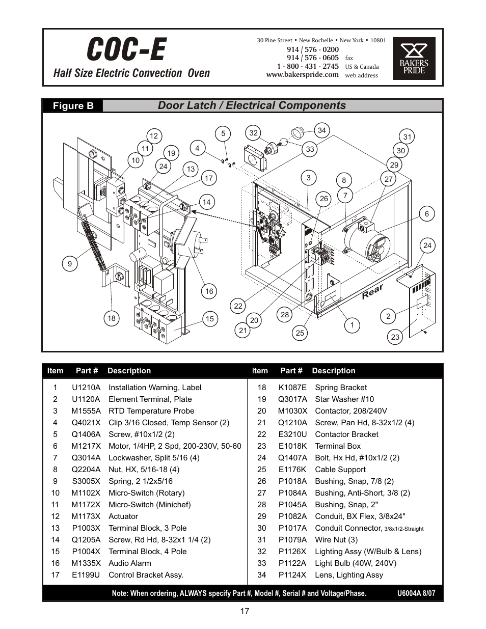 Coc-e, Half size electric convection oven, Door latch / electrical components | Bakers Pride COC-E User Manual | Page 17 / 20