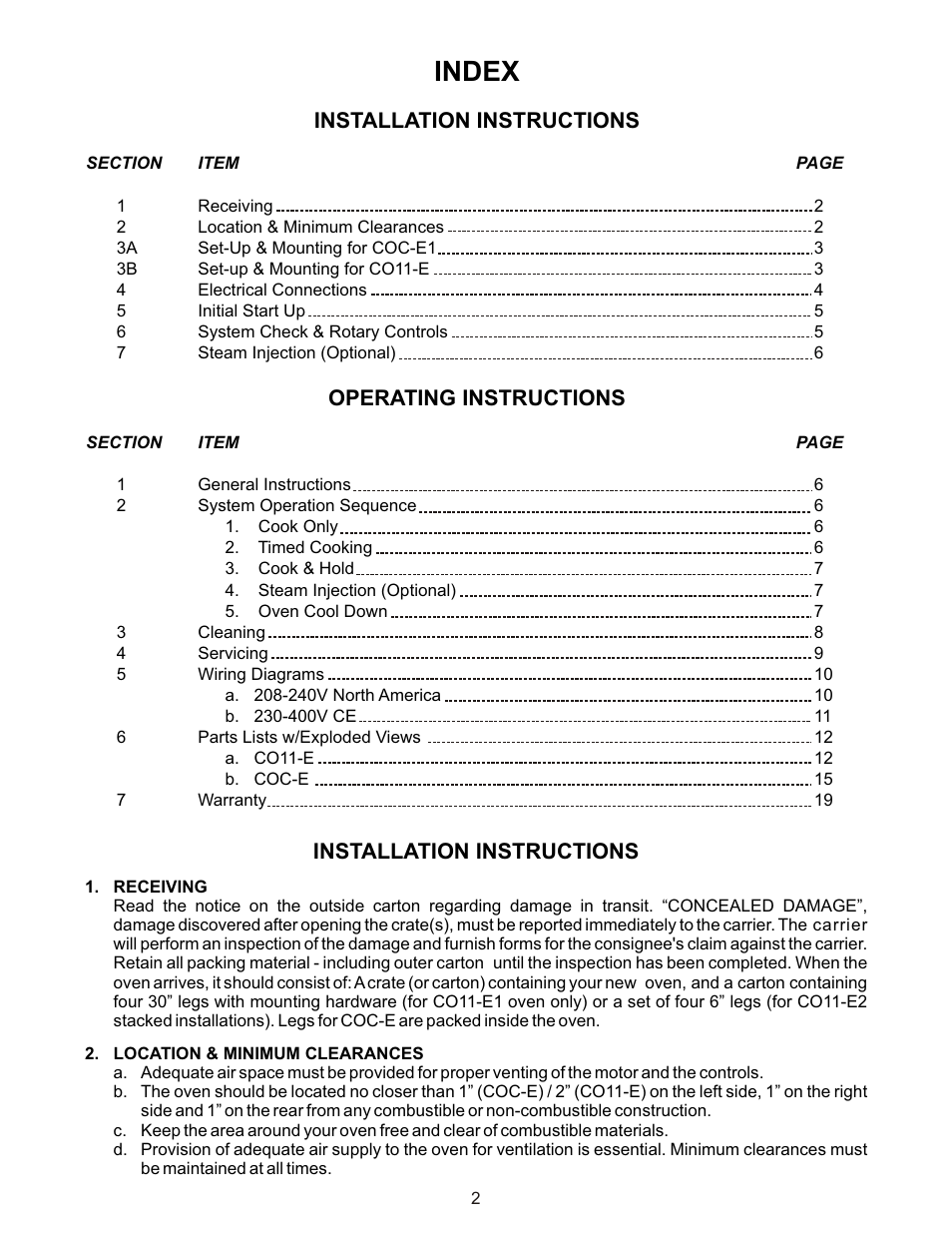 Index | Bakers Pride COC-E User Manual | Page 2 / 20