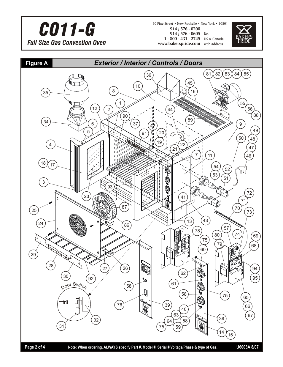 Co11-g, Full size gas convection oven, Exterior / interior / controls / doors | Bakers Pride CO11-G User Manual | Page 2 / 4