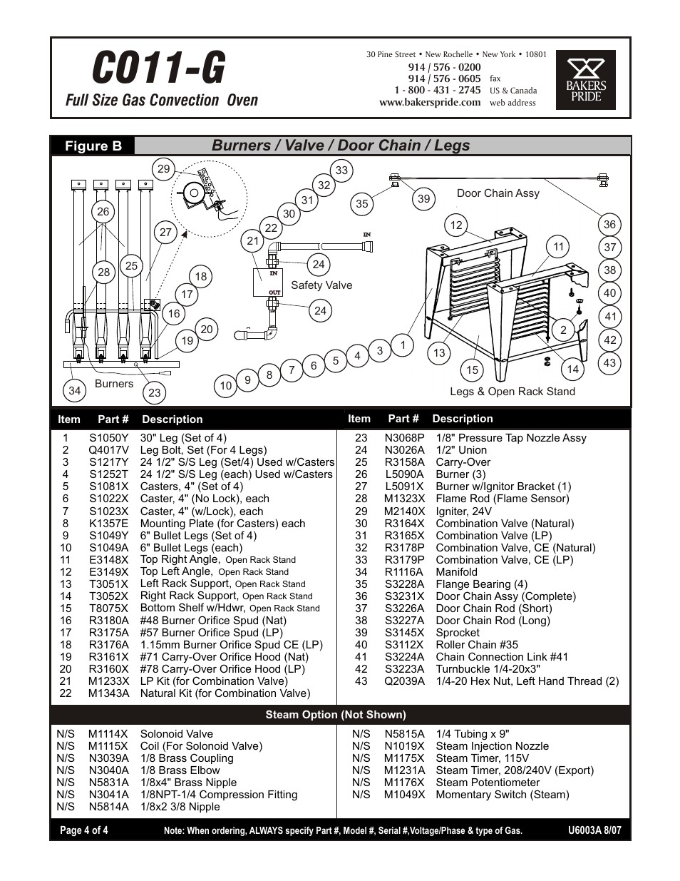 Co11-g, Full size gas convection oven, Burners / valve / door chain / legs | Bakers Pride CO11-G User Manual | Page 4 / 4