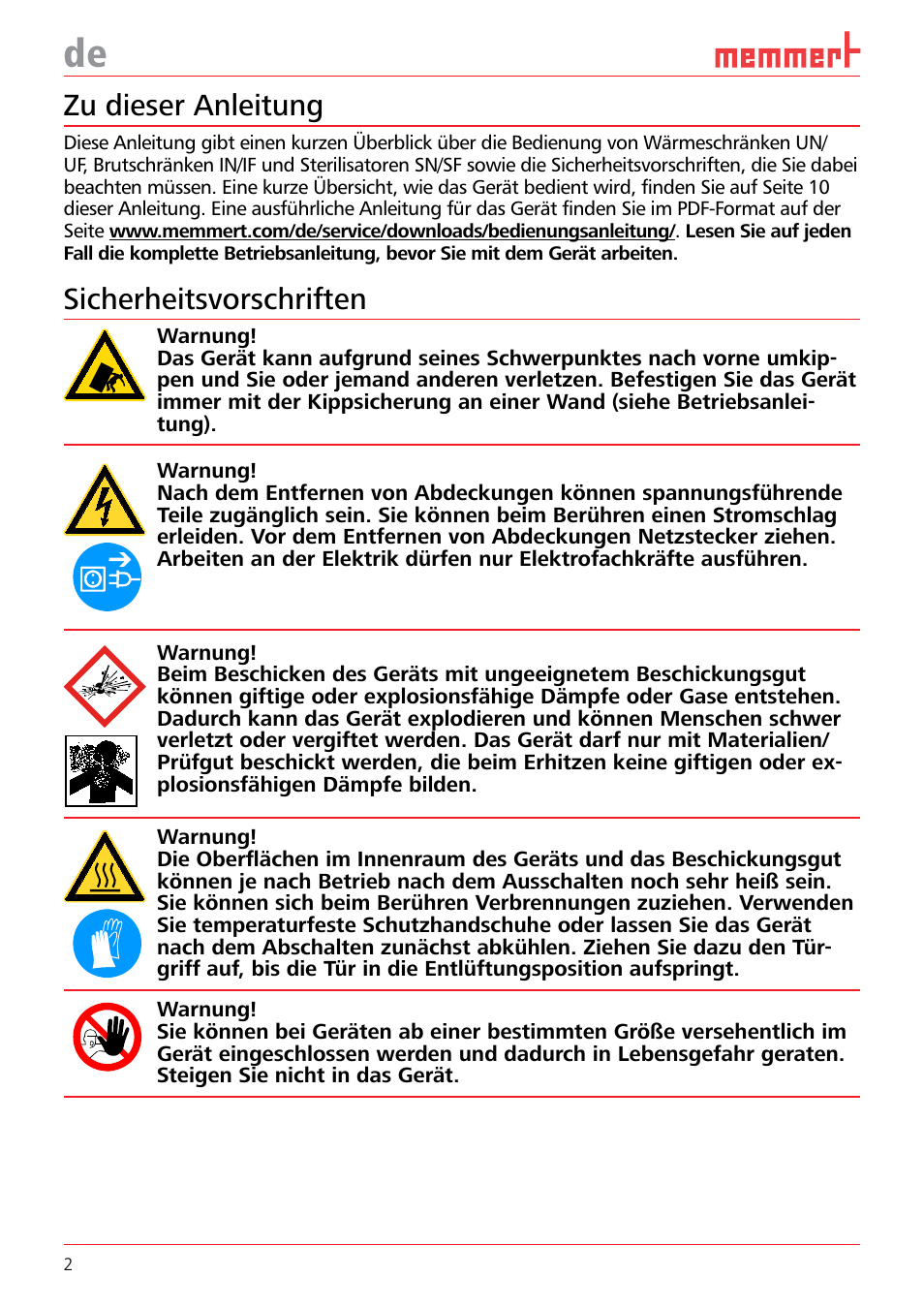 Zu dieser anleitung, Sicherheitsvorschriften | Memmert Universal ovens U, Incubators I, Sterilisers S (Quick Guides) User Manual | Page 2 / 12