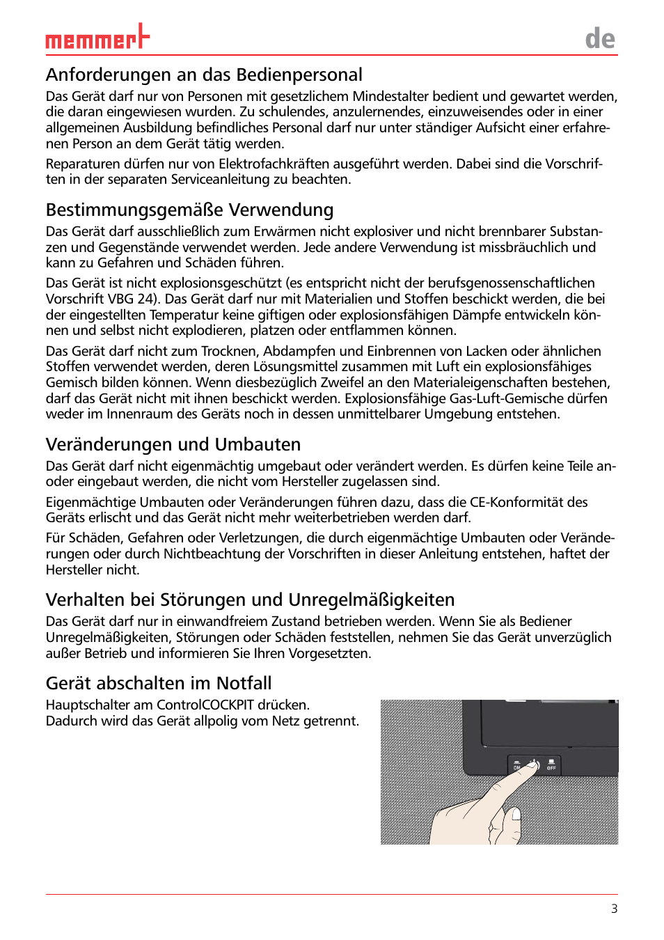 Anforderungen an das bedienpersonal, Bestimmungsgemäße verwendung, Veränderungen und umbauten | Verhalten bei störungen und unregelmäßigkeiten, Gerät abschalten im notfall | Memmert Universal ovens U, Incubators I, Sterilisers S (Quick Guides) User Manual | Page 3 / 12