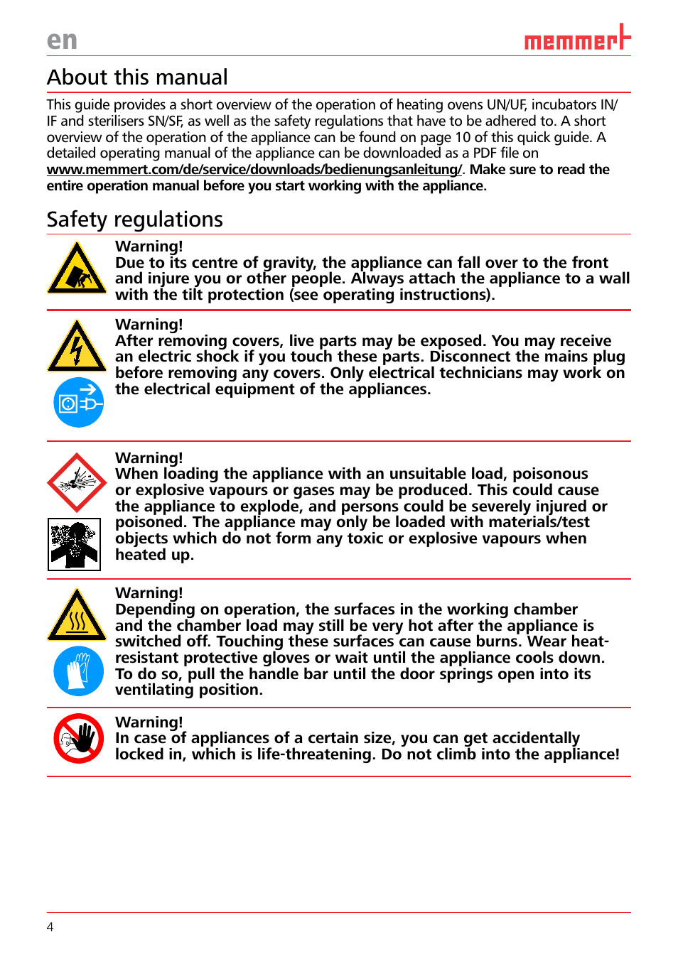 About this manual, Safety regulations | Memmert Universal ovens U, Incubators I, Sterilisers S (Quick Guides) User Manual | Page 4 / 12