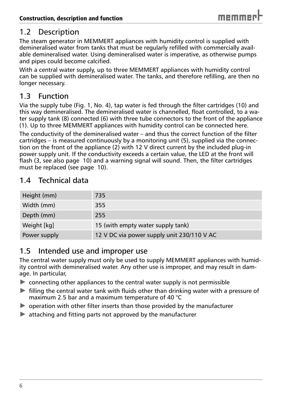 2 description, 3 function, 4 technical data | 5 intended use and improper use | Memmert Central water supply User Manual | Page 6 / 16