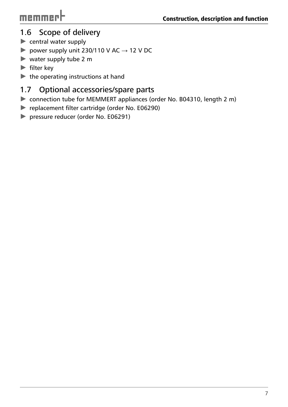 6 scope of delivery, 7 optional accessories/spare parts | Memmert Central water supply User Manual | Page 7 / 16