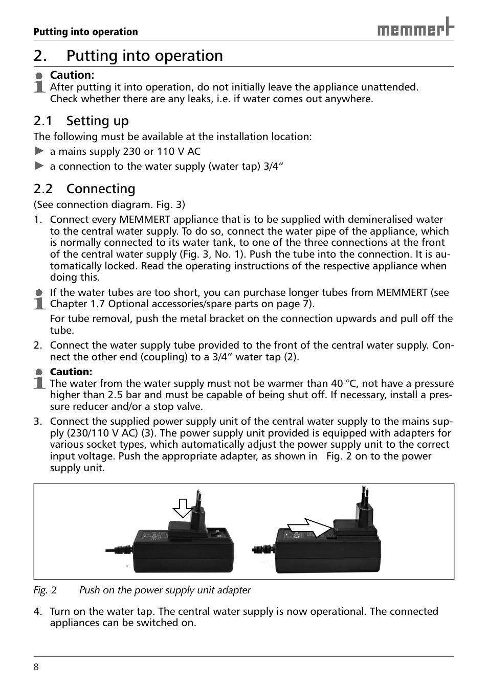 Putting into operation, 1 setting up, 2 connecting | Memmert Central water supply User Manual | Page 8 / 16