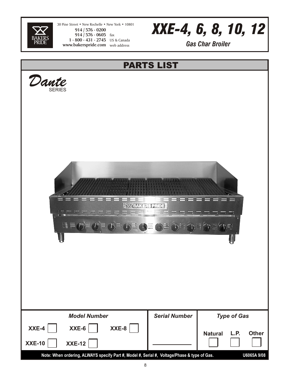 Dante, Parts list | Bakers Pride Dante Series XXE User Manual | Page 8 / 12