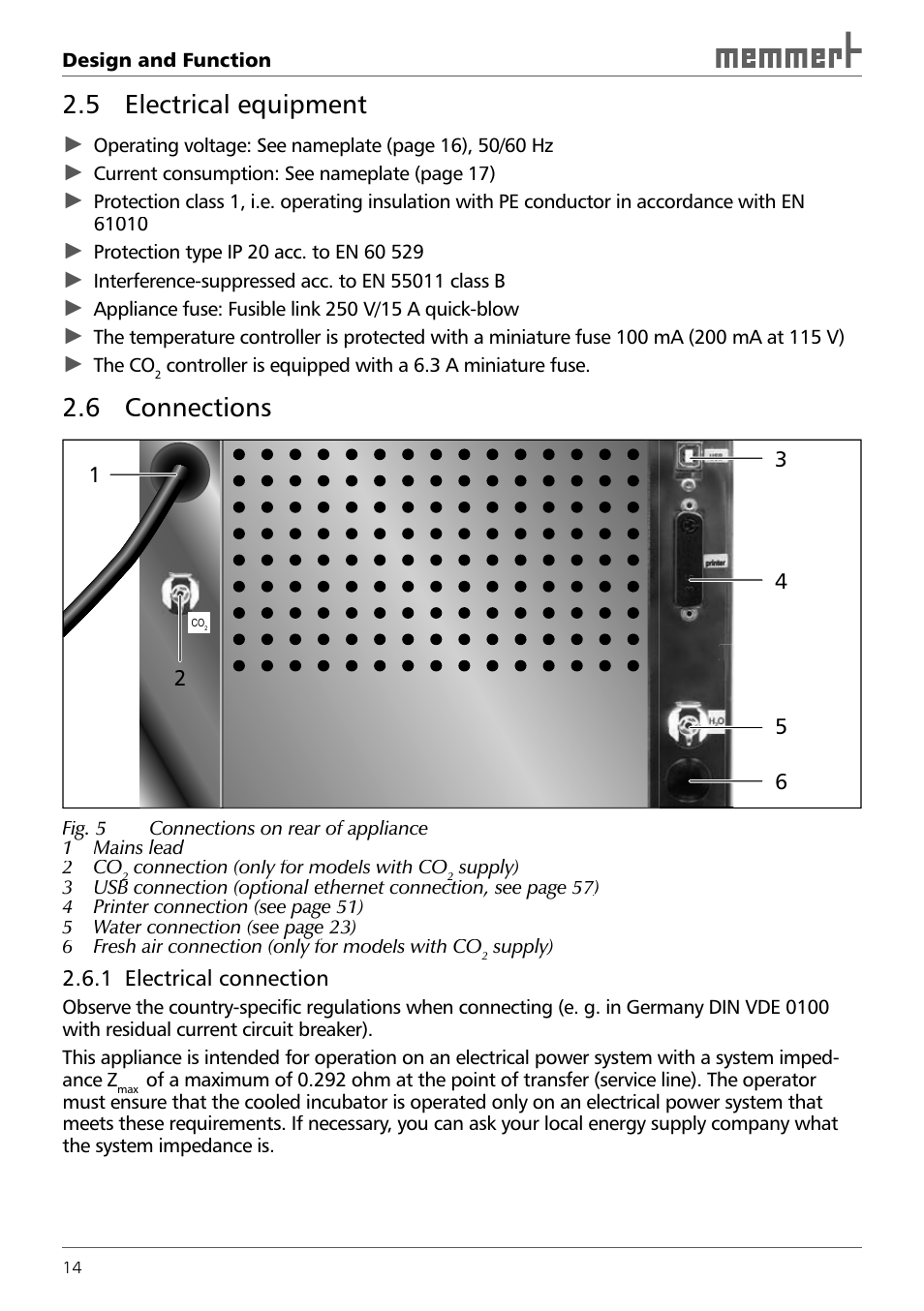 5 electrical equipment, 6 connections | Memmert ICH 256 Climate Chambers (Generation 2003) User Manual | Page 14 / 72