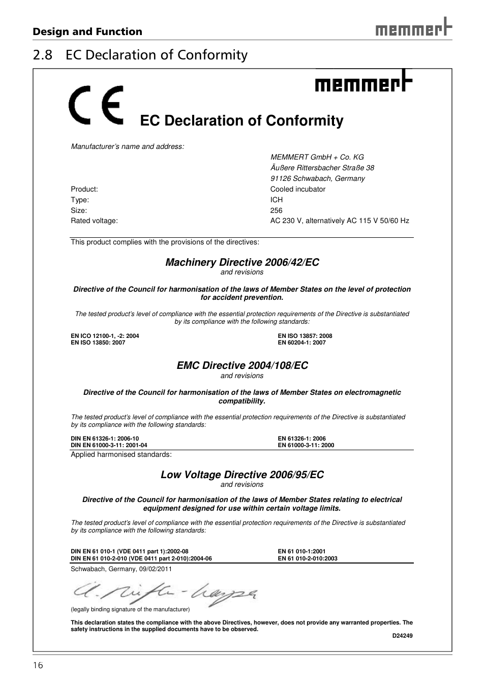 8 ec declaration of conformity, Ec declaration of conformity, Design and function | Memmert ICH 256 Climate Chambers (Generation 2003) User Manual | Page 16 / 72