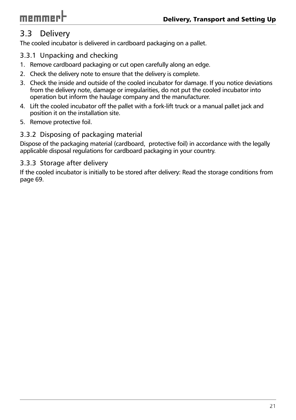 3 delivery | Memmert ICH 256 Climate Chambers (Generation 2003) User Manual | Page 21 / 72