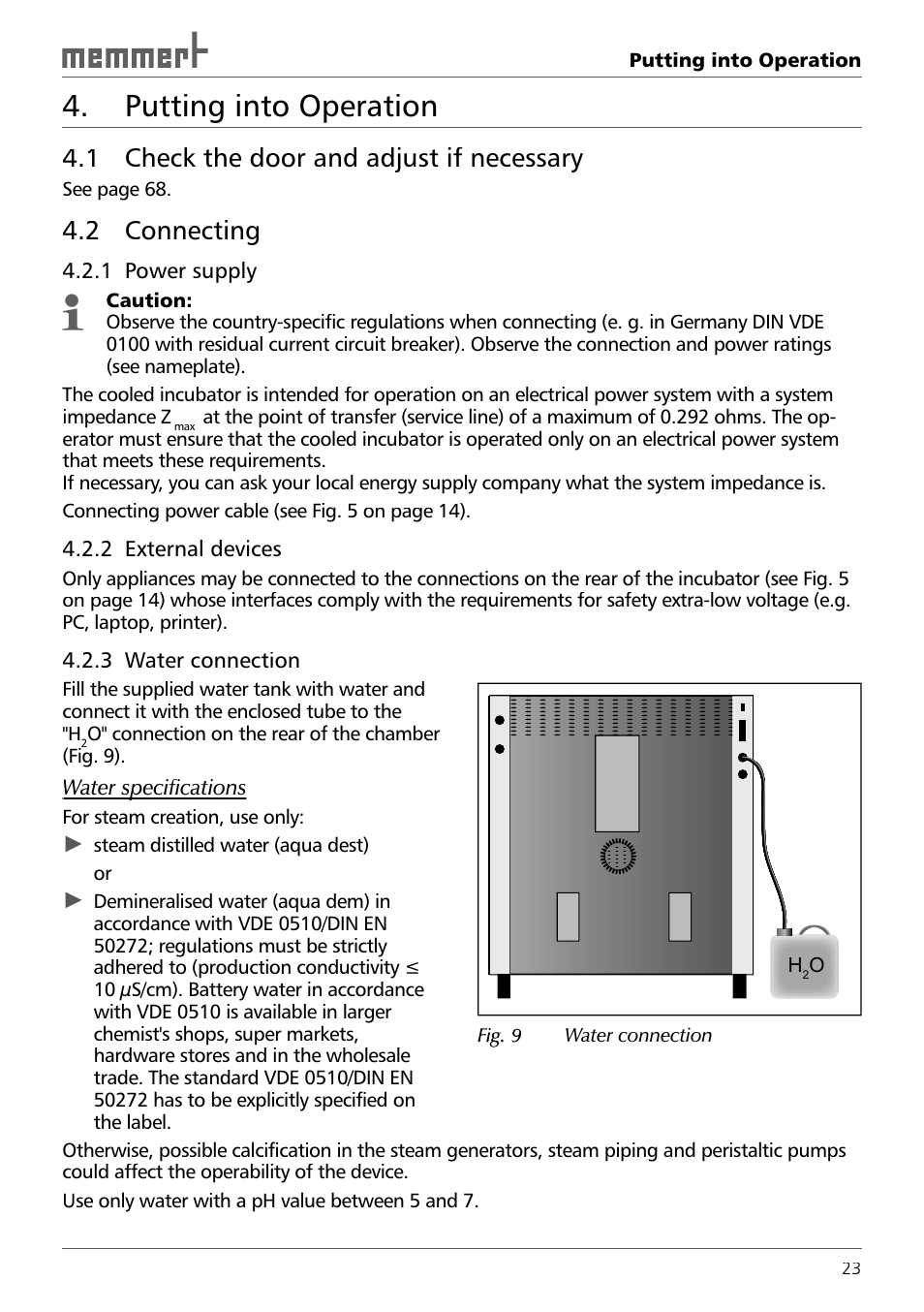 Putting into operation, 1 check the door and adjust if necessary, 2 connecting | Memmert ICH 256 Climate Chambers (Generation 2003) User Manual | Page 23 / 72