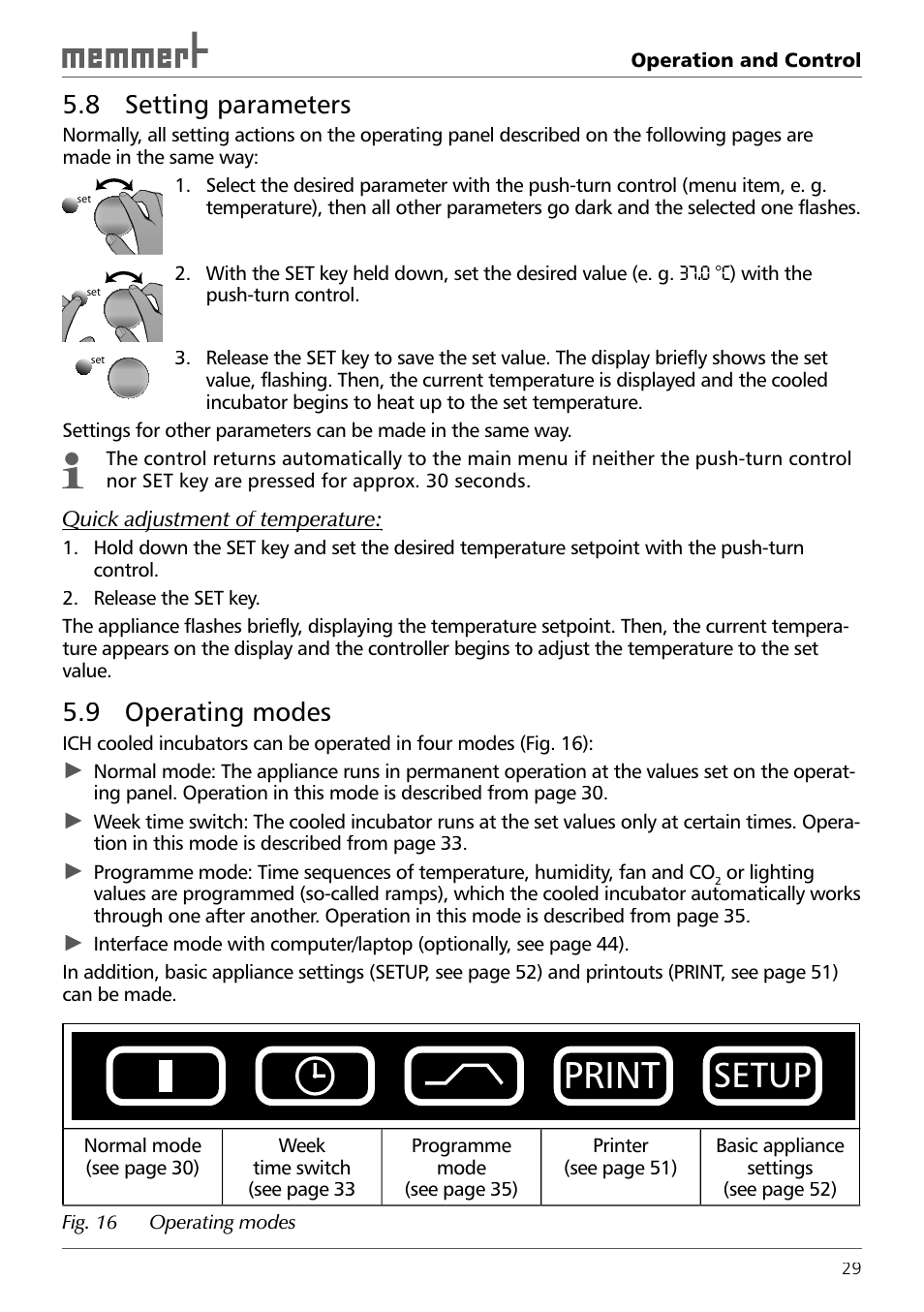 8 setting parameters, 9 operating modes, Print | Setup | Memmert ICH 256 Climate Chambers (Generation 2003) User Manual | Page 29 / 72