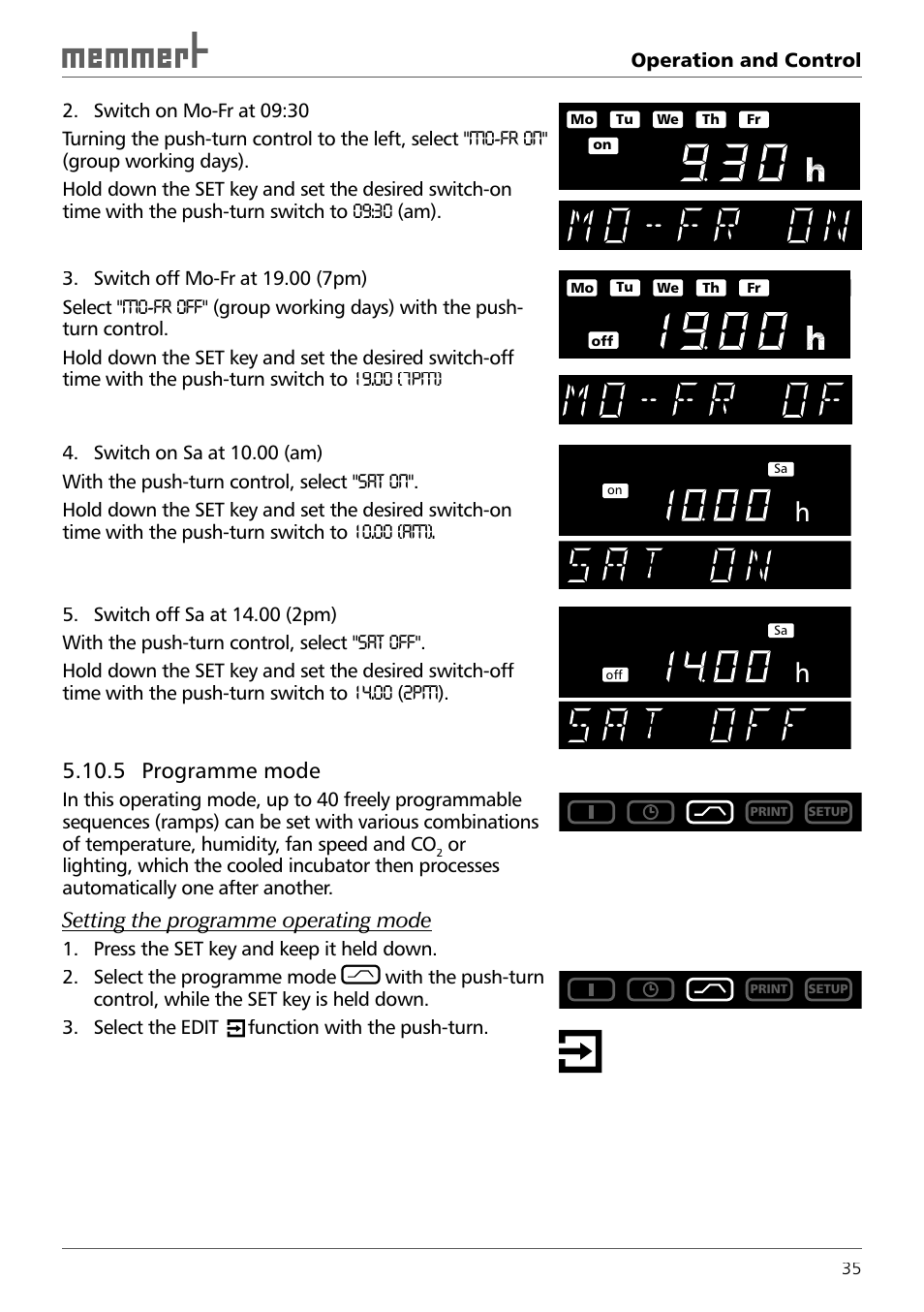 5 programme mode, Setting the programme operating mode | Memmert ICH 256 Climate Chambers (Generation 2003) User Manual | Page 35 / 72