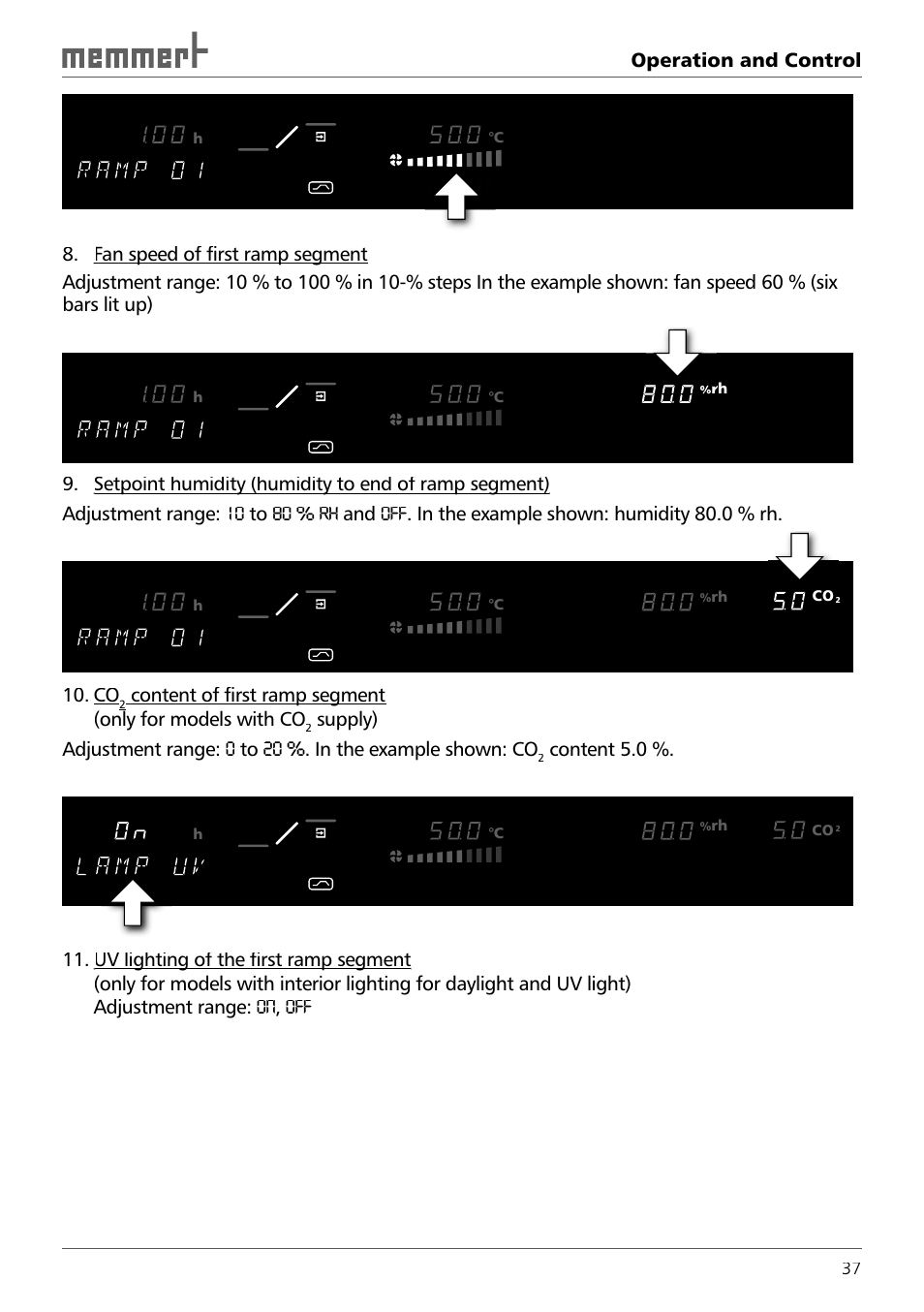 Operation and control, Content of first ramp segment, Content 5.0 | C co | Memmert ICH 256 Climate Chambers (Generation 2003) User Manual | Page 37 / 72