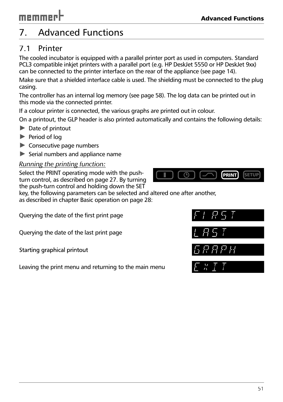 Advanced functions, 1 printer | Memmert ICH 256 Climate Chambers (Generation 2003) User Manual | Page 51 / 72