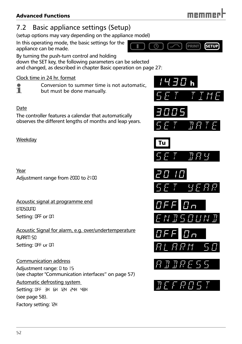 2 basic appliance settings (setup) | Memmert ICH 256 Climate Chambers (Generation 2003) User Manual | Page 52 / 72