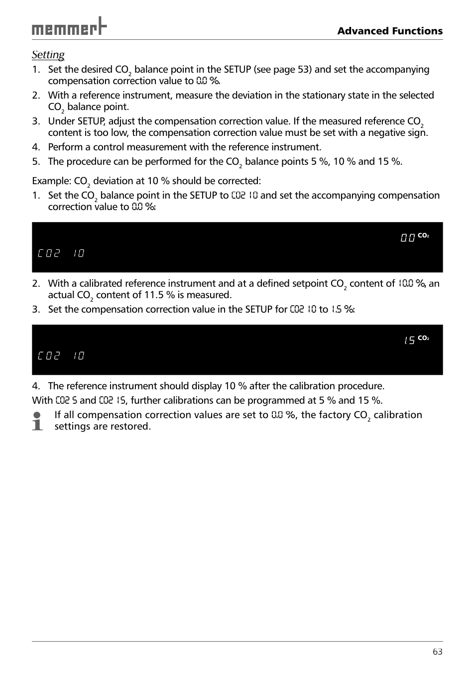 Setting, Advanced functions, Set the desired co | Content of 10.0 %, an actual co, Calibration settings are restored | Memmert ICH 256 Climate Chambers (Generation 2003) User Manual | Page 63 / 72