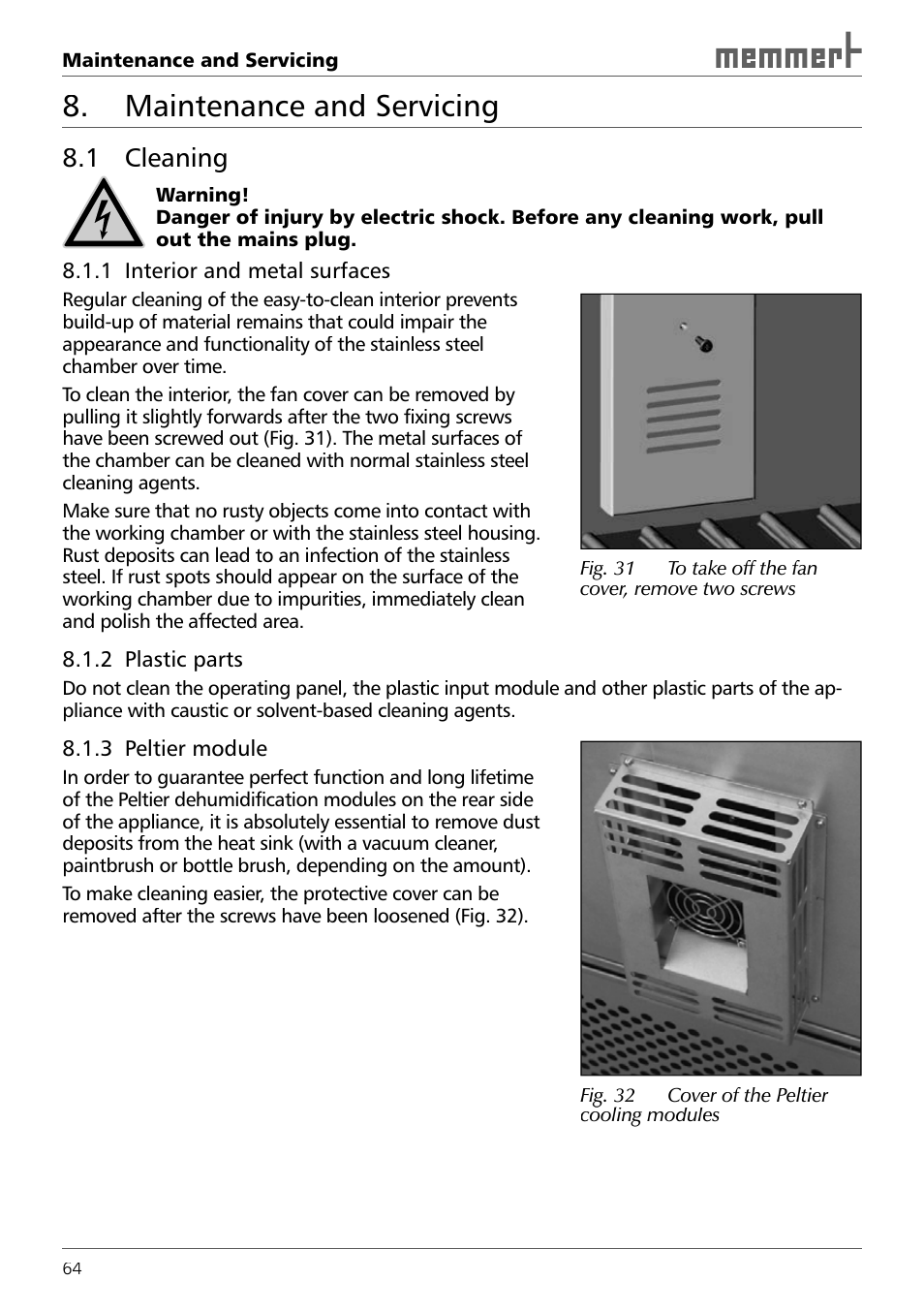 Maintenance and servicing, 1 cleaning | Memmert ICH 256 Climate Chambers (Generation 2003) User Manual | Page 64 / 72