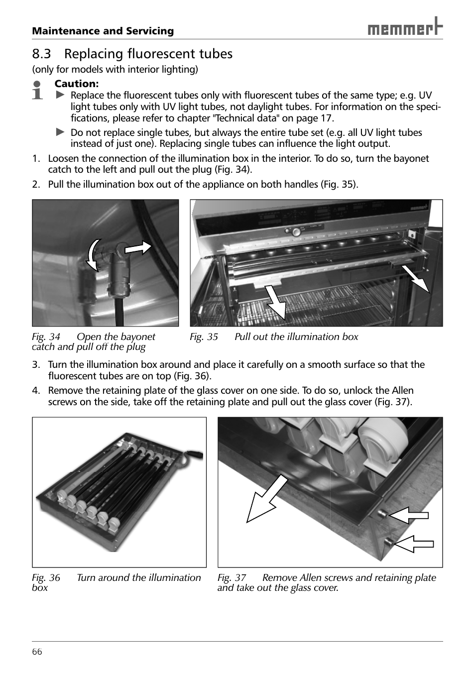 3 replacing fluorescent tubes | Memmert ICH 256 Climate Chambers (Generation 2003) User Manual | Page 66 / 72