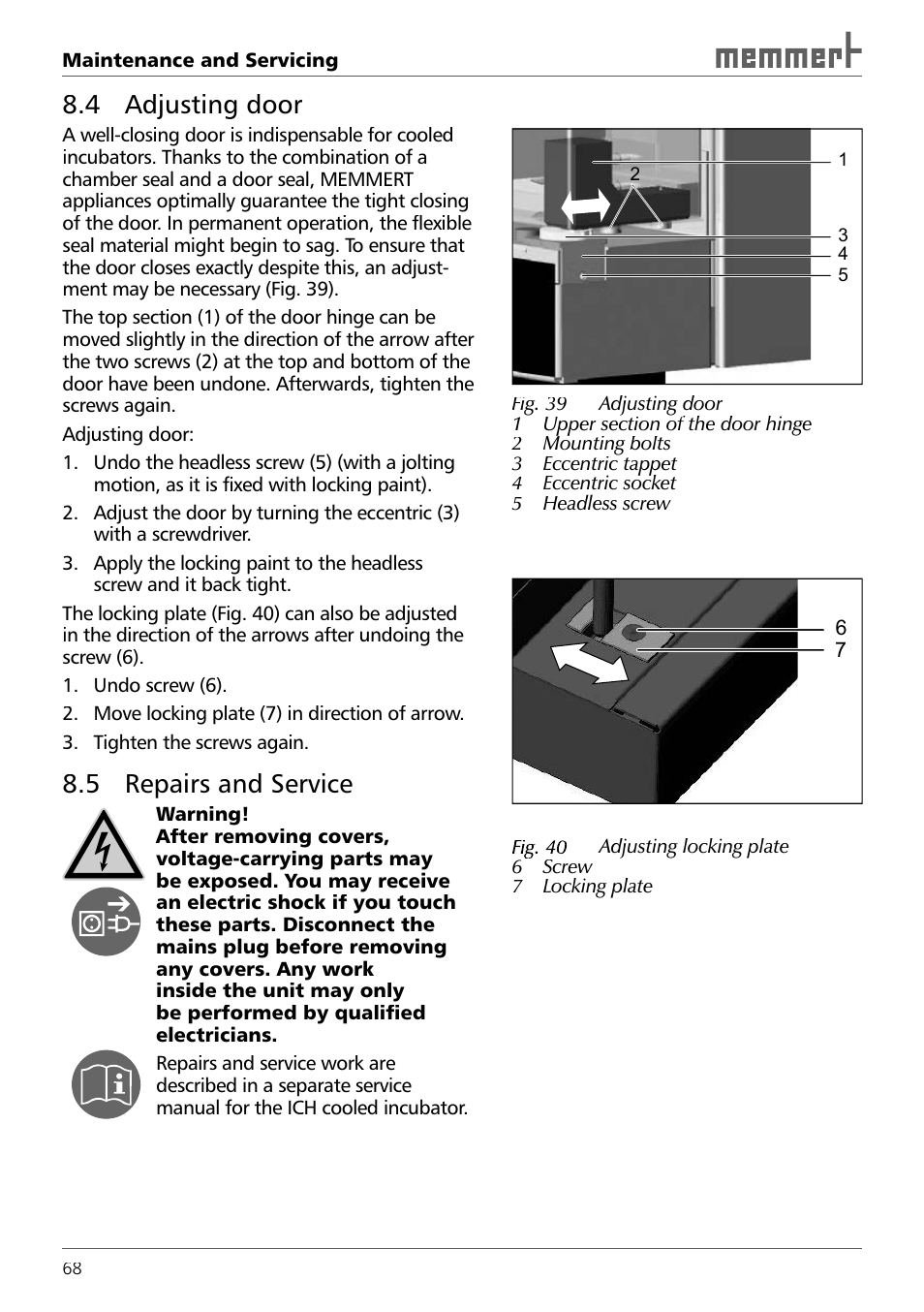 4 adjusting door, 5 repairs and service | Memmert ICH 256 Climate Chambers (Generation 2003) User Manual | Page 68 / 72
