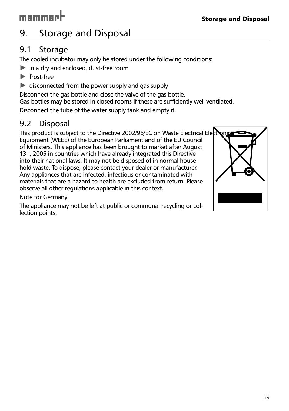 Storage and disposal, 1 storage, 2 disposal | Memmert ICH 256 Climate Chambers (Generation 2003) User Manual | Page 69 / 72