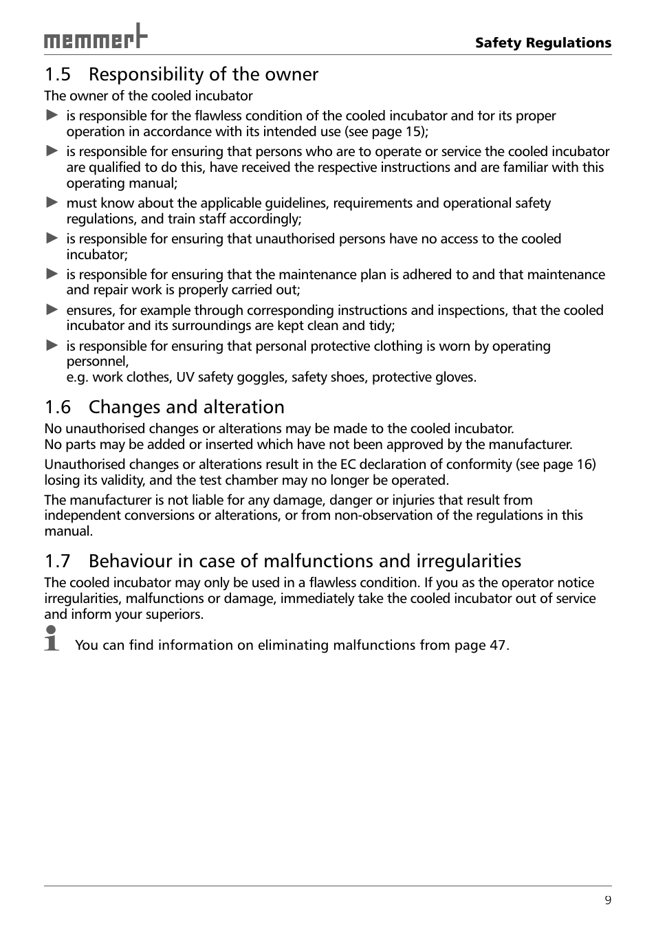 5 responsibility of the owner, 6 changes and alteration | Memmert ICH 256 Climate Chambers (Generation 2003) User Manual | Page 9 / 72