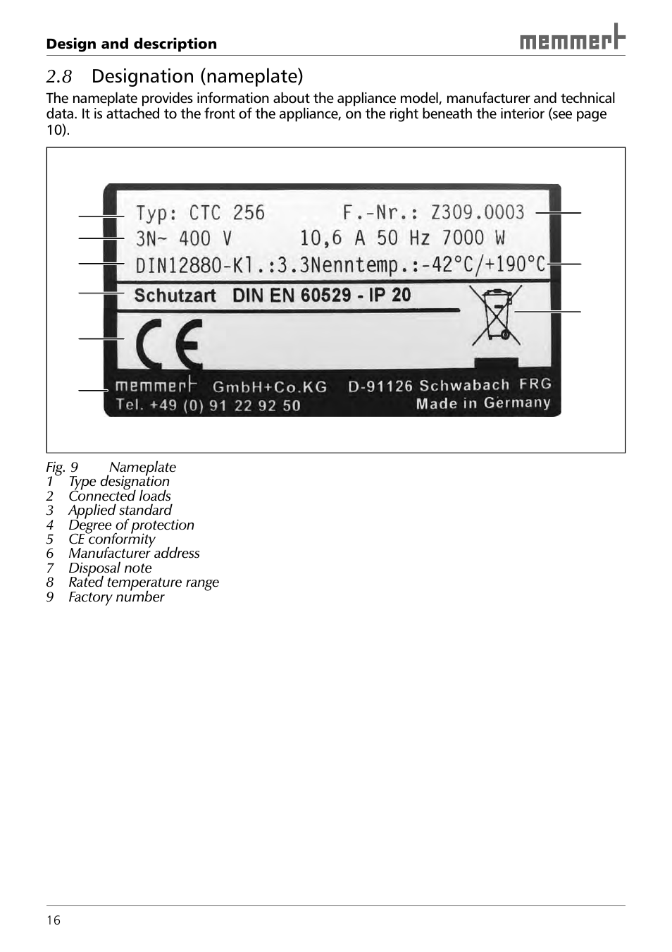 8 designation ( nameplate) | Memmert TTC 256 Temperature test chamber (Generation 2003) User Manual | Page 16 / 68