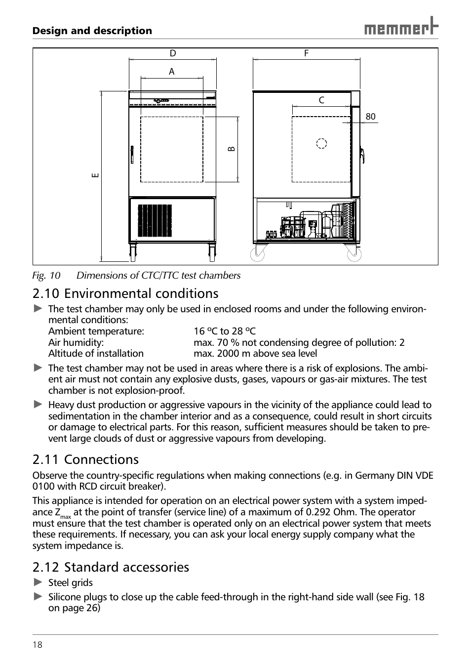 10 environmental conditions, 11 connections, 12 standard accessories | Memmert TTC 256 Temperature test chamber (Generation 2003) User Manual | Page 18 / 68