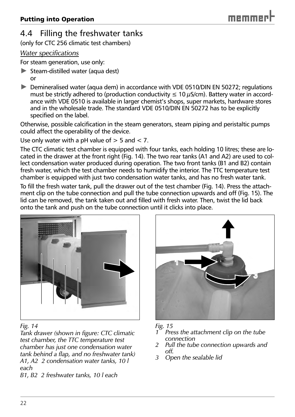 4 filling the freshwater tanks | Memmert TTC 256 Temperature test chamber (Generation 2003) User Manual | Page 22 / 68