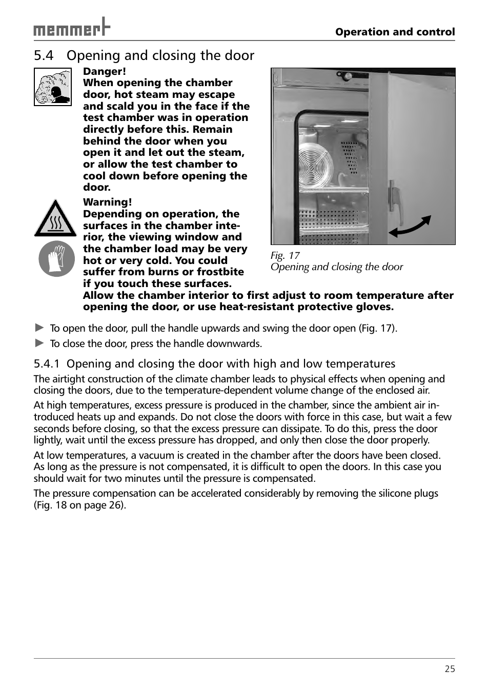 4 opening and closing the door | Memmert TTC 256 Temperature test chamber (Generation 2003) User Manual | Page 25 / 68