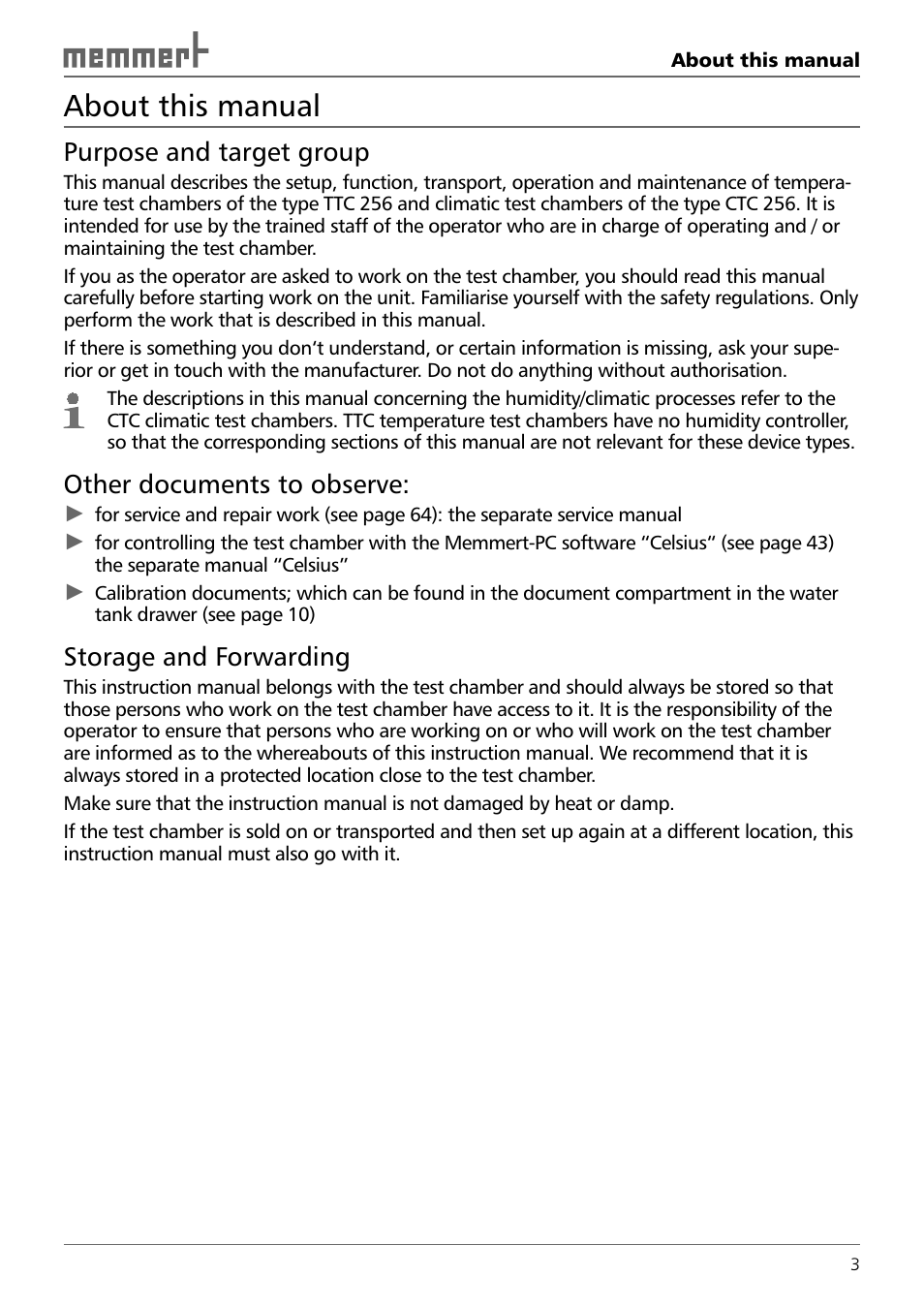 About this manual, Purpose and target group, Other documents to observe | Storage and forwarding | Memmert TTC 256 Temperature test chamber (Generation 2003) User Manual | Page 3 / 68